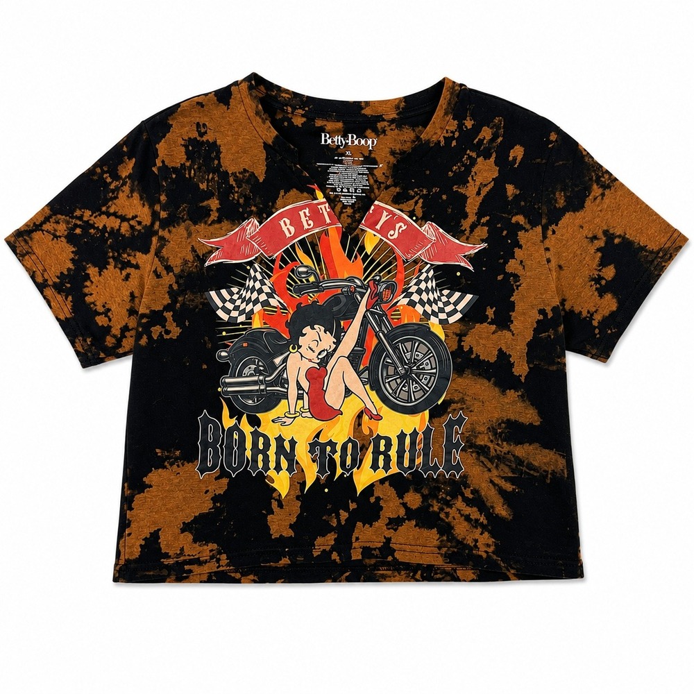 Betty Boop Graphic Crop Top XL Orange Black Tie Dye Born To Rule Biker Tee